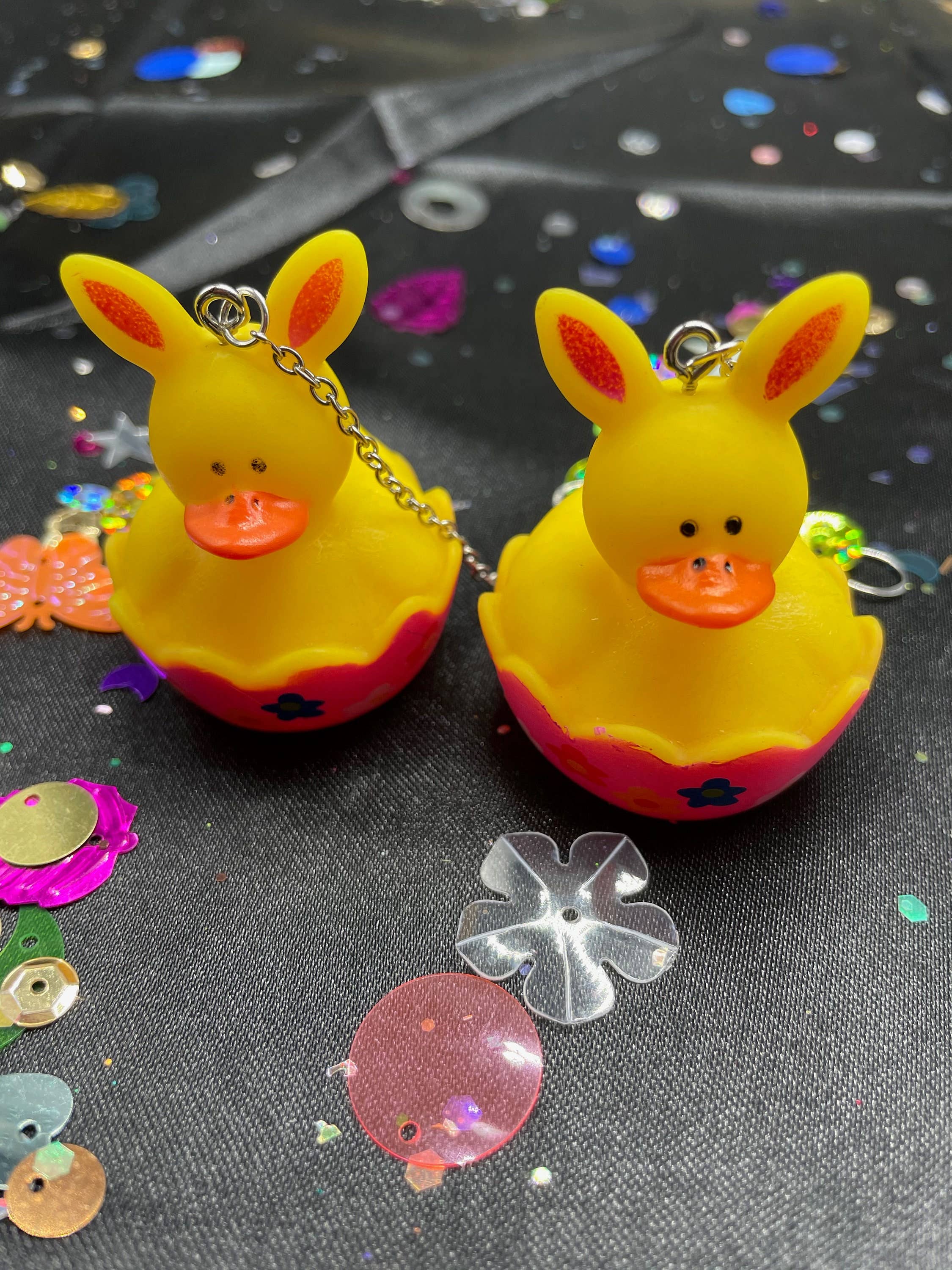 R59Creates – wholesale Dangle earrings – Easter Themed Lil Rubber Ducky Earrings! In Yellow Bunny, Blue Bunny, Pink Bonnet, And Purple Egg W/ Gold, Silver Or Silver Drop Chain!3