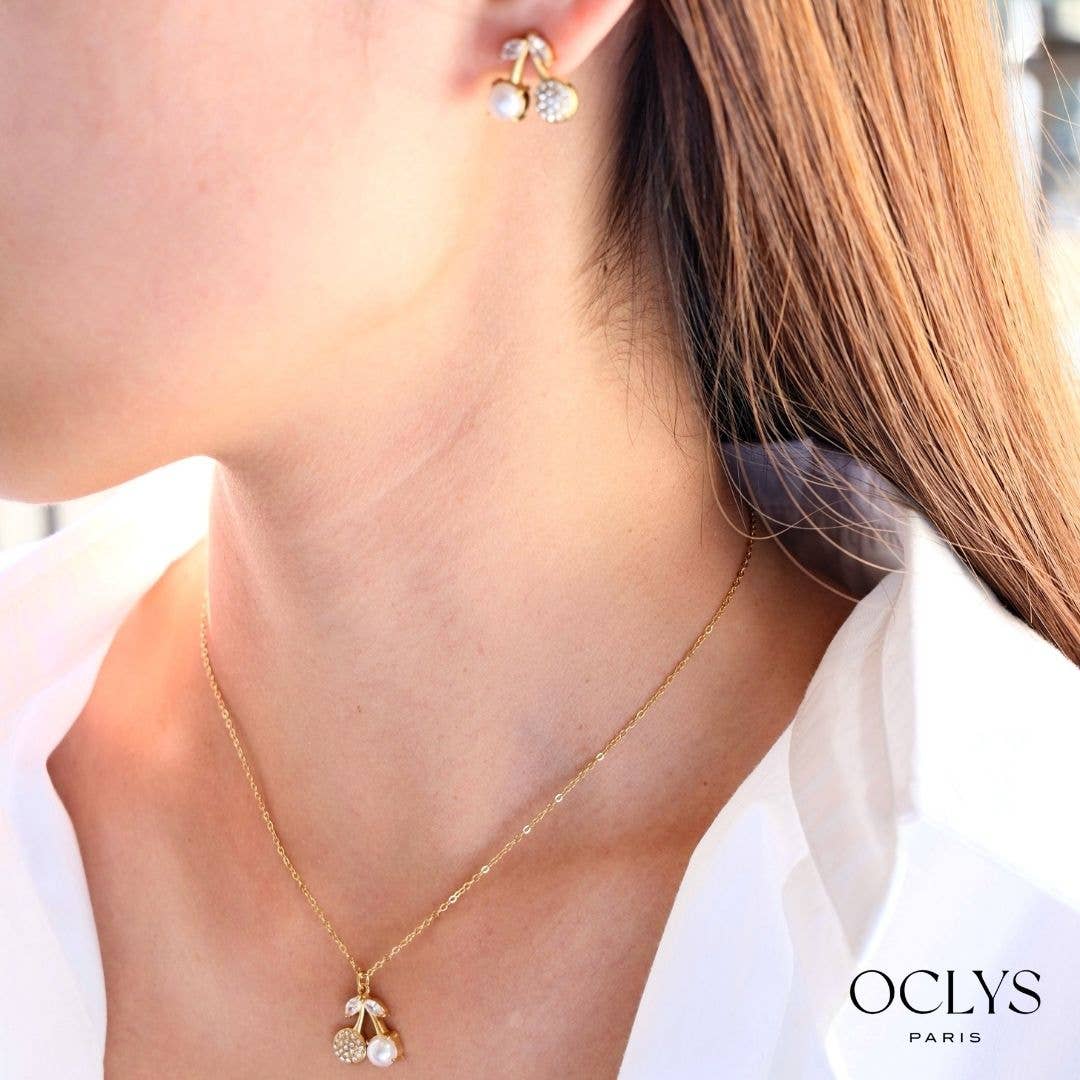 Oclys - Wholesale Pendant/Charm Necklace - Fine cherry chain necklace with rhinestone pearl in stainless steel Cel3