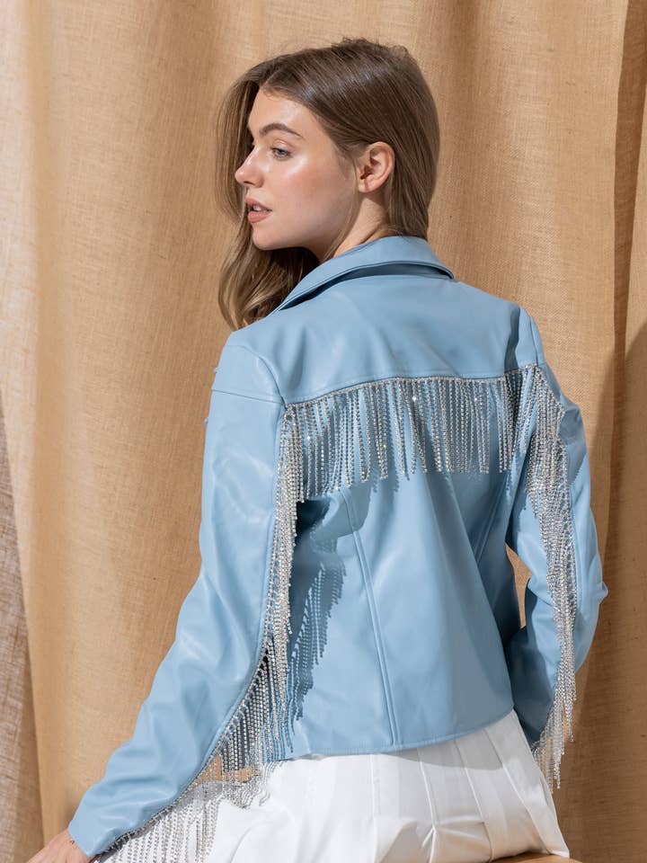 31959J - Faux Leather Moto Jacket Rhinestone Fringe Back for wholesale by Blue B