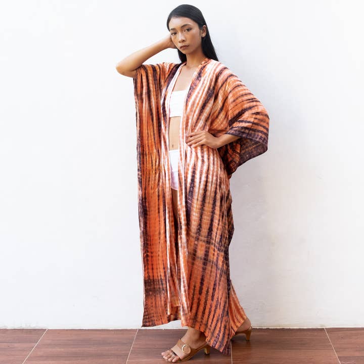 Tie Dye Kimono Cover Up (Orange Black) - Bikini Beach Robe for wholesale by Bali Harvest