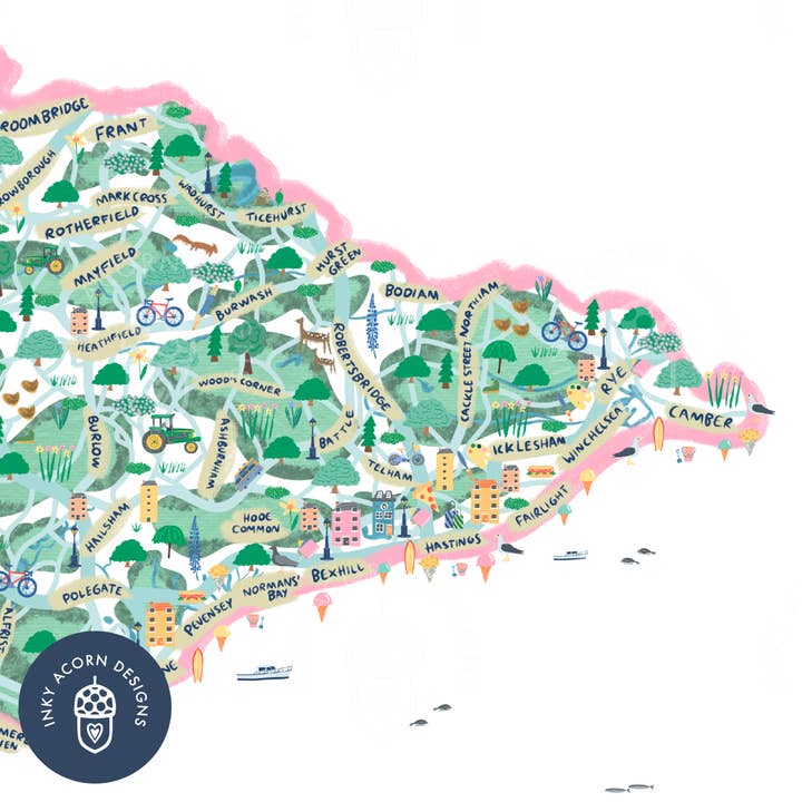 Inky Acorn Designs - Wholesale Art Print - Sussex Illustrated Map Signed Art Print3