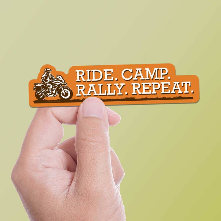 Ride. Camp. Rally. Repeat. Motorcycle Sticker for wholesale by Sentinel Supply