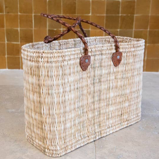 Handwoven Straw Basket Tote with Leather Handles for wholesale by DarKech