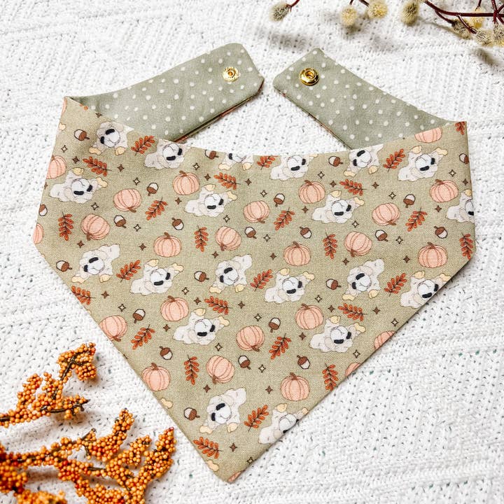 StellaLoo - Wholesale Pet Bandana - Dog - Fall Lamb Reversible Dog Bandana, Pumpkin Snap On Pet Scarfs