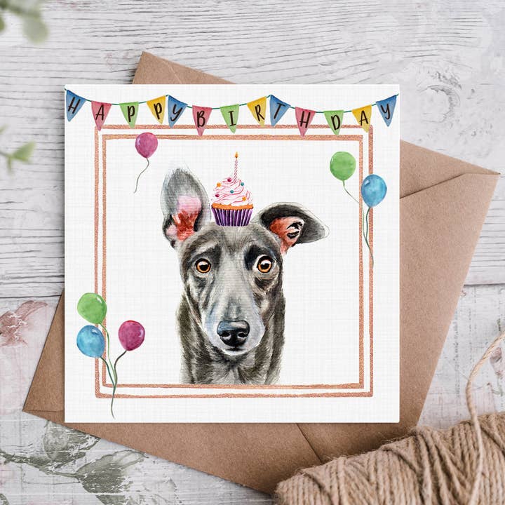 Biglietto di compleanno con levriero blu, per la vendita all'ingrosso da parte di Cloud Jellybean Art
