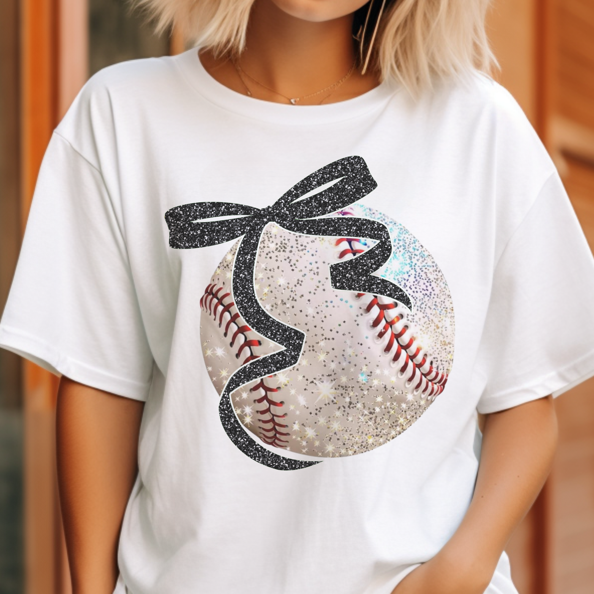 Camiseta Gráfica de Béisbol con Lazo Negro de Purpurina Falsa para