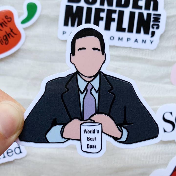 Michael Scott Worlds Best Boss Vinyl Sticker for wholesale by Tiny Acres Co