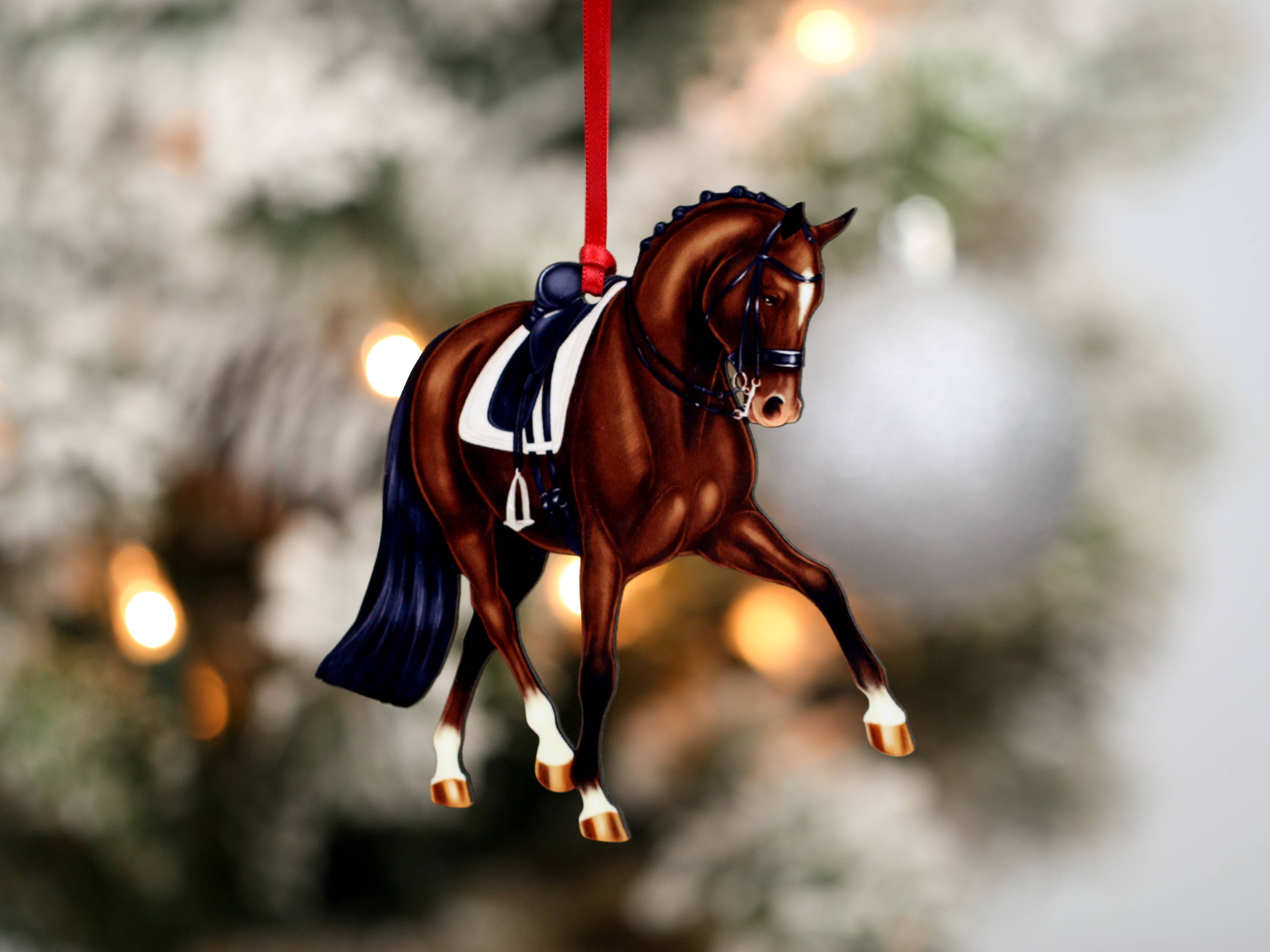 Classy Equine – wholesale Ornament – Dressage Horse Christmas Ornament -  Bay Half Pass Dressage3