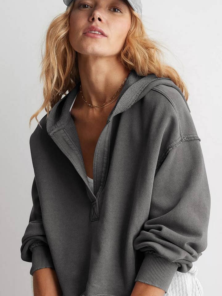 NINEXIS - Wholesale Blouse - Women's - CWTBLL3984_FASHIONABLE V-NECK LOOSE HOODED SWEATSHIRT2