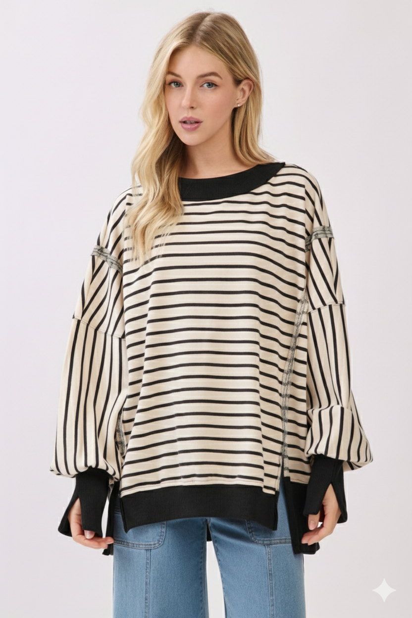 Sewn and Seen - Wholesale Sweatshirt - Women's - Striped Balloon Sleeve Terry Sweatshirt15