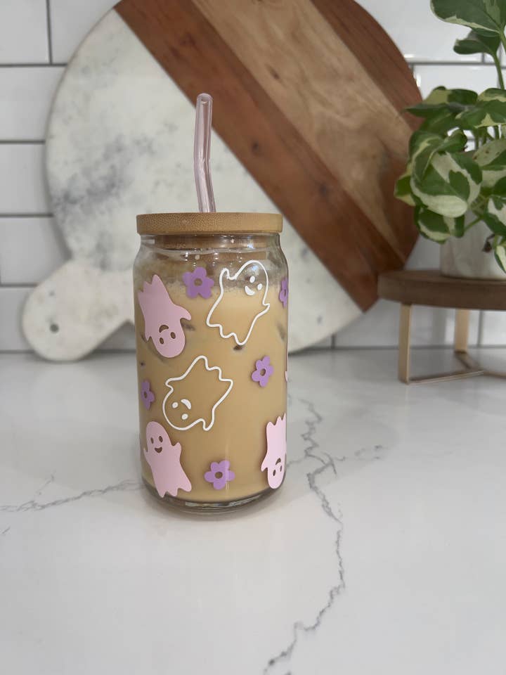 Ghosts and Flowers Glass Can Cup for wholesale by Sparkly Paper Co