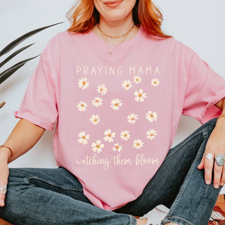 Scripted Pearl - Wholesale Screen Printed T-Shirt - Women's - Praying Mama Watching Them Bloom Daisies Comfort Colors Tee12