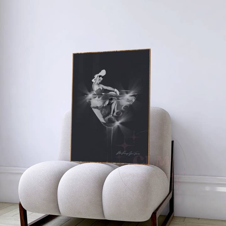 CLM Creative Studio - Wholesale Art Print - Retro Pinup Girl & Martini Glass Monotone Wall Art Print