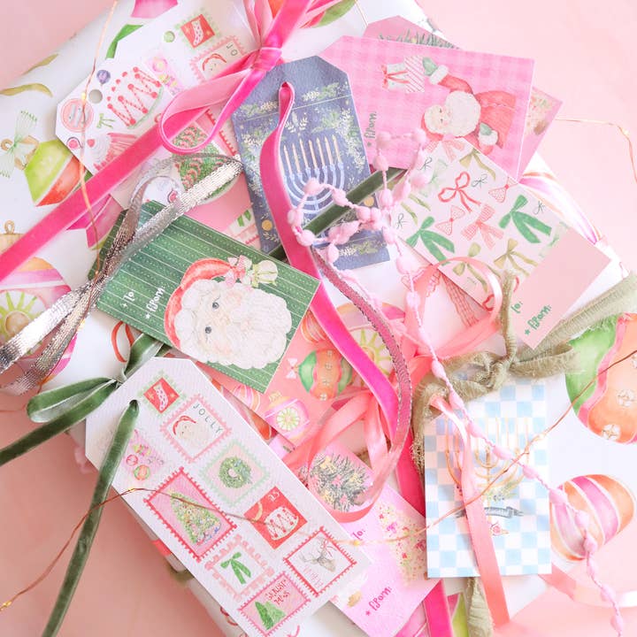 Stephanie Tara Stationery - Wholesale Gift Tag - LONG gift tag sets for presents, vintage Christmas stamps 1