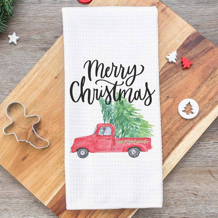 Red Truck Christmas Tree Kitchen Towel, Rustic Dish Towel for wholesale by Canary Road