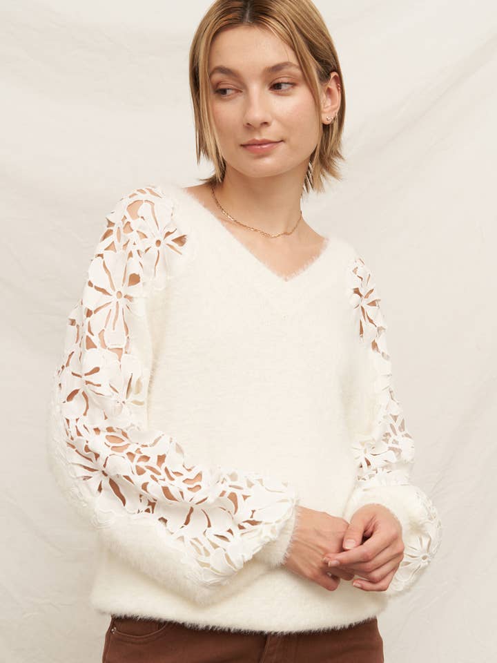 Fuzzy Floral Laced Sleeve Sweater  for wholesale by En Crème