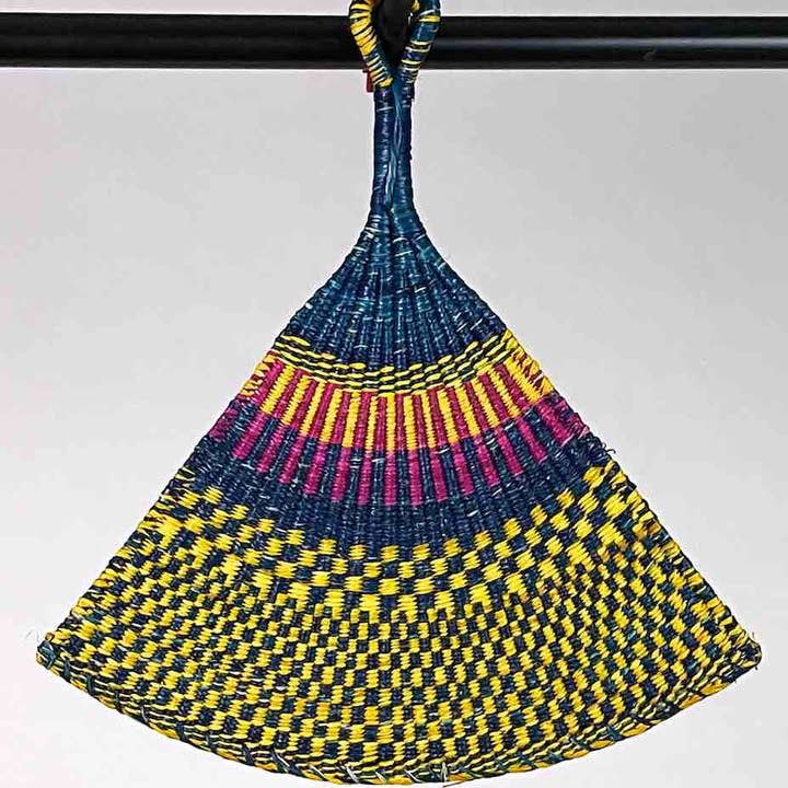 The Niger Bend - Wholesale Handheld Folding Fan - Raffia Hand Fan Accessory Handwoven in Togo - Yellow, Blue, Magenta