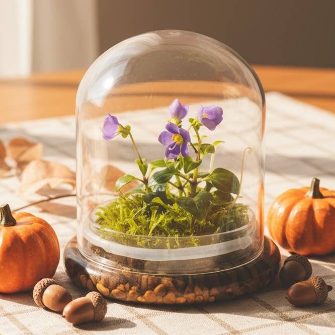 Violette persane (Exacum Affine) avec mousse de droséra, floraison toutes saisons, verre bombé pour la vente par bloomify