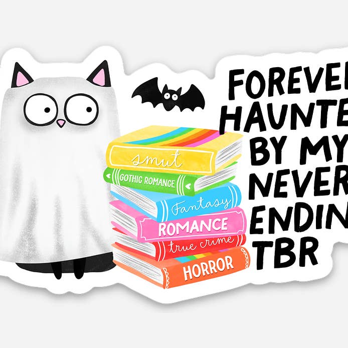 Forever Haunted By My Never Ending TBR Cat Sticker for wholesale by June Apothicarie