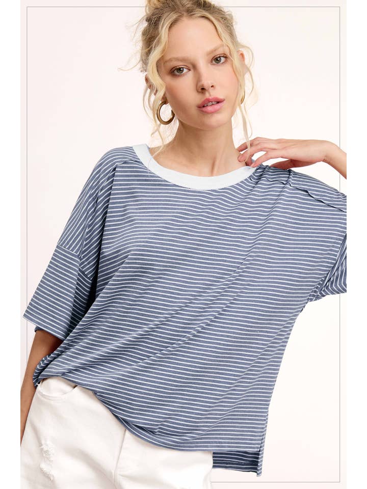 La Miel - Wholesale T-Shirt - Women's - HDT7703-Basic Striped Drop Shoulder Short Sleeves Top