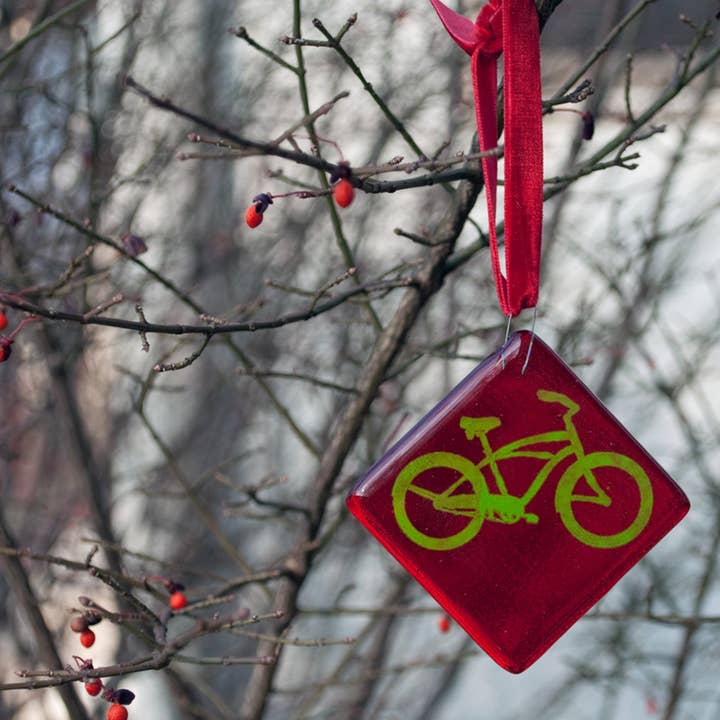 Kiku Handmade | Contemporary Fused Glass Home Goods - Wholesale Ornament - Bike 2.25" Fused Glass Ornament1