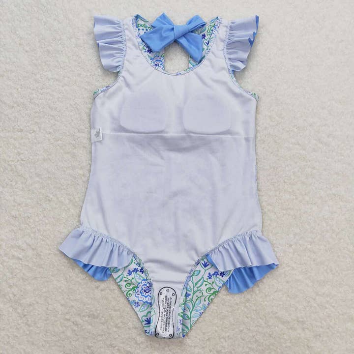 Aier Wholesale - Wholesale One Piece Swimsuit - Kids - Baby Girls Summer Blue Flowers Ruffle One Piece Swimsuits2