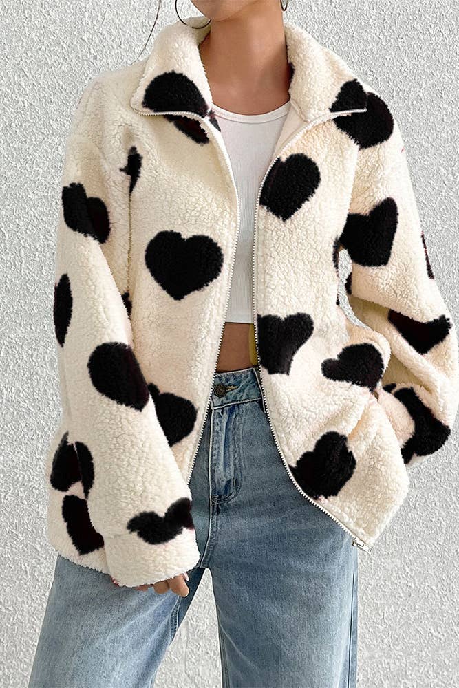 UNISHE - Wholesale Coat - Women's - Heart Pattern Fleece Zipper Long Sleeves Coat SR0955