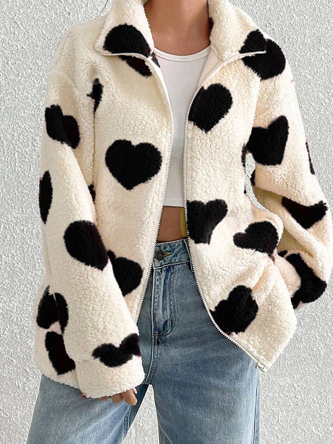 UNISHE - Wholesale Coat - Women's - Heart Pattern Fleece Zipper Long Sleeves Coat SR0955