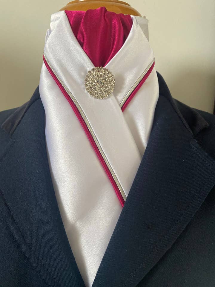 HHD White Satin Custom Dressage Stock Tie Cerise Pink & Silver for wholesale by Heavenly Horse Designs