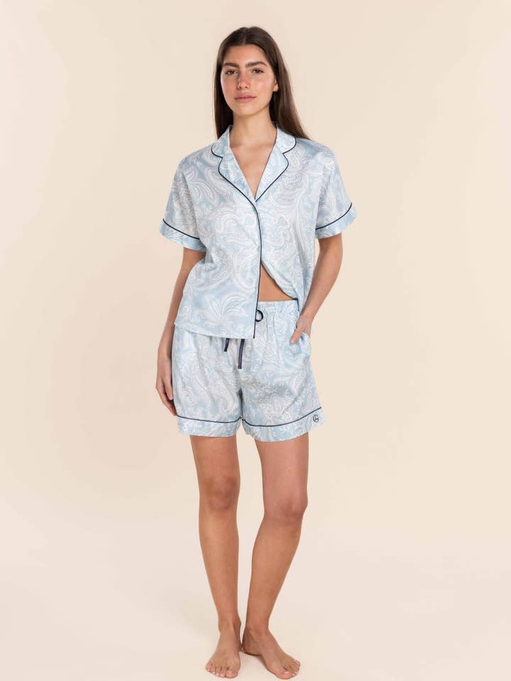 Cotton Sateen Short Pyjama Set - Daphne Blue Paisley for wholesale by Gingerlilly