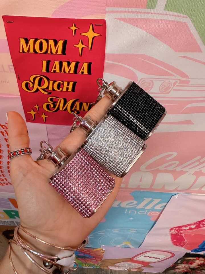 Mini Rhinestone 1oz Pink/Black/Silver Keychain Flasks for wholesale by Happy Hour
