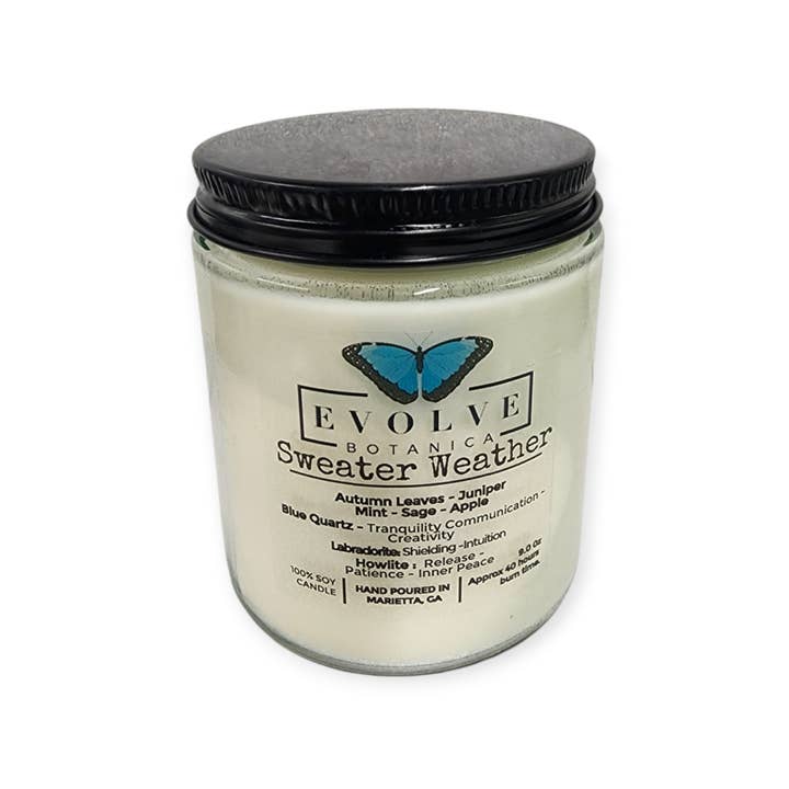 Evolve Botanica - Wholesale Jar/Filled Candle - Classic 9oz Jam Jar Crystal Soy Candle - Sweater Weather