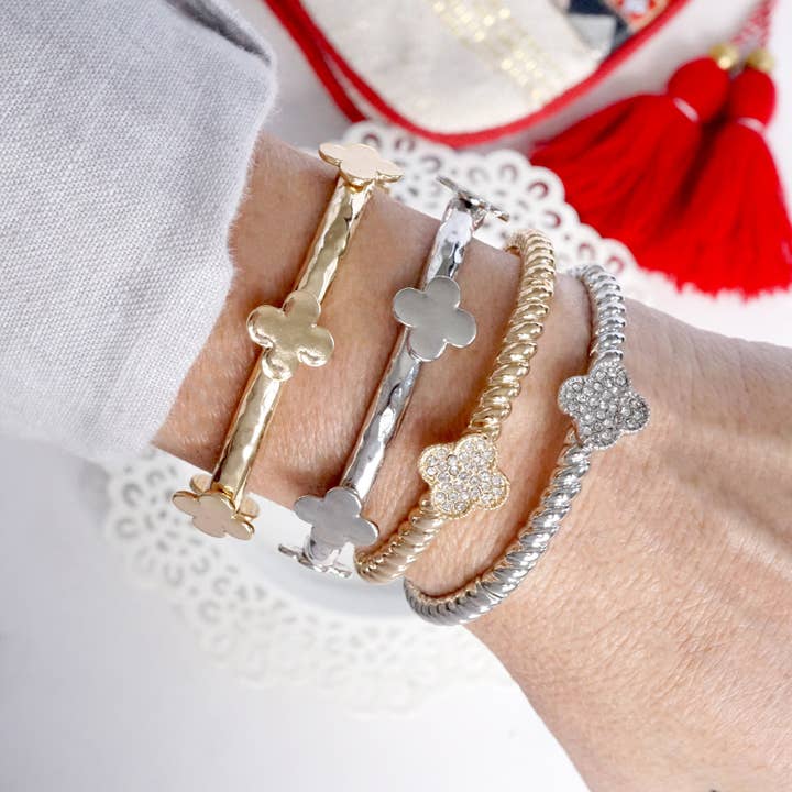 Clover stretchy bangle bracelet Clear crystals paved Clover Gold Silver for wholesale by PennyLine inc