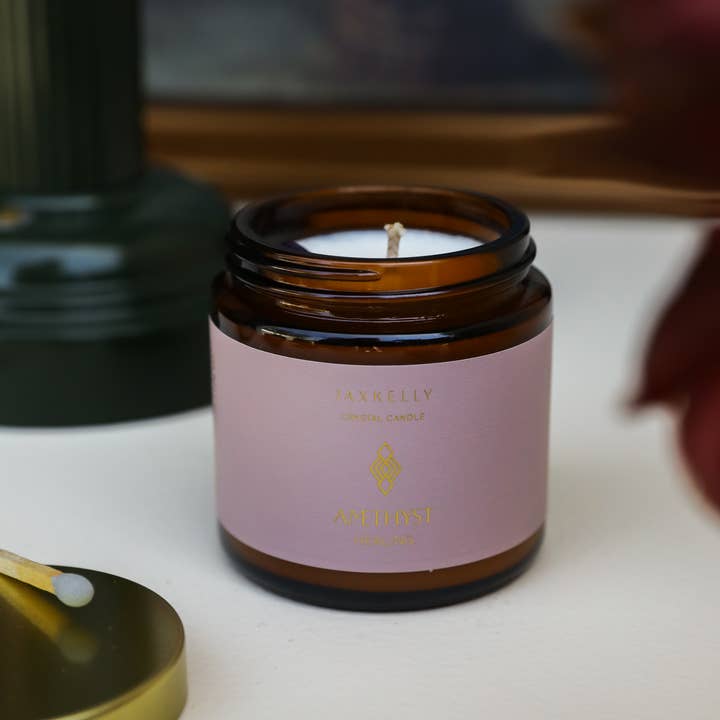 JaxKelly Candles - Wholesale Jar/Filled Candle - 4oz Amber Crystal Candles - Amethyst - Healing4