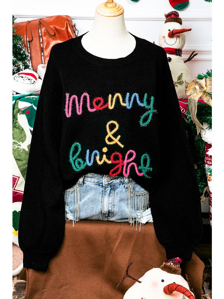 As shown Fall Colorful Merry&Bright Tinsel Graphic Christmas Sweater for wholesale on Faire