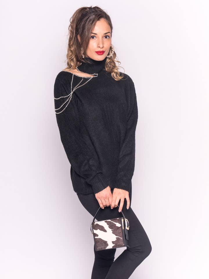 CY FASHION. LONDON - Vente Pull en maille – femme - Pull à épaules ouvertes avec chaîne