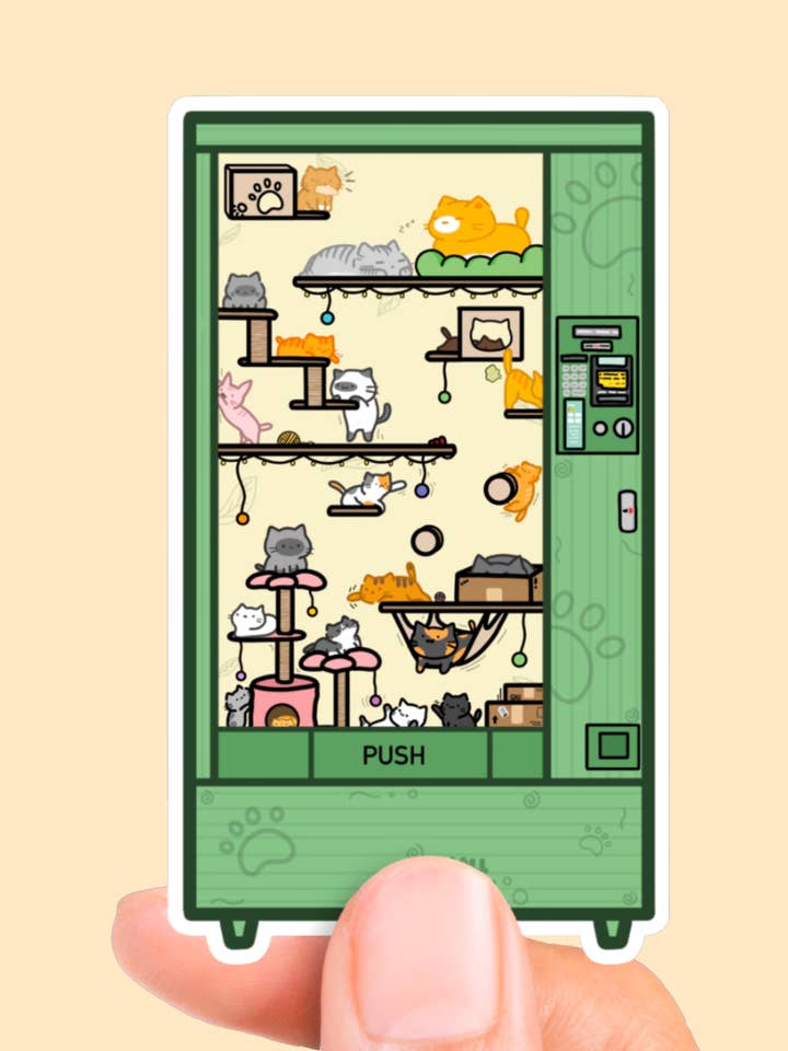 Grøn salgsautomat med vinylklistermærke af katteværelse; Kattecafé for engroshandel hos Small Noggin Studios
