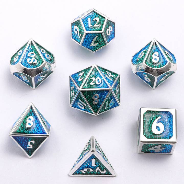 Solid Metal Mini Behemoth Dice set - Silver with Green Blue for wholesale by Hymgho Premium Dice