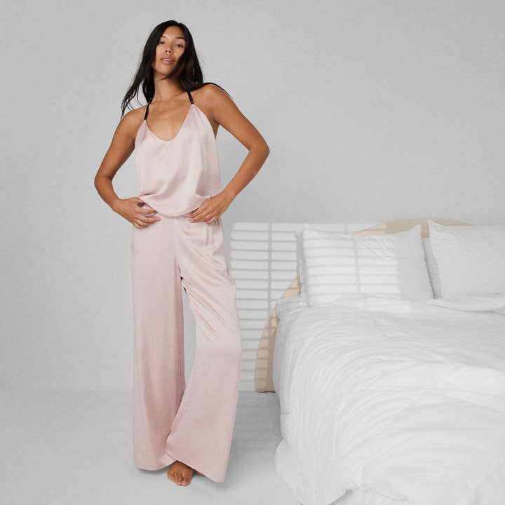 Delicate Pink Immersed Black Washable Silk Cami Pant Set for wholesale on Faire