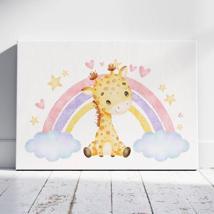 Adorable Dreaming Rainbow Giraffe - Framed Canvas Wall Art Print for wholesale by House Prints