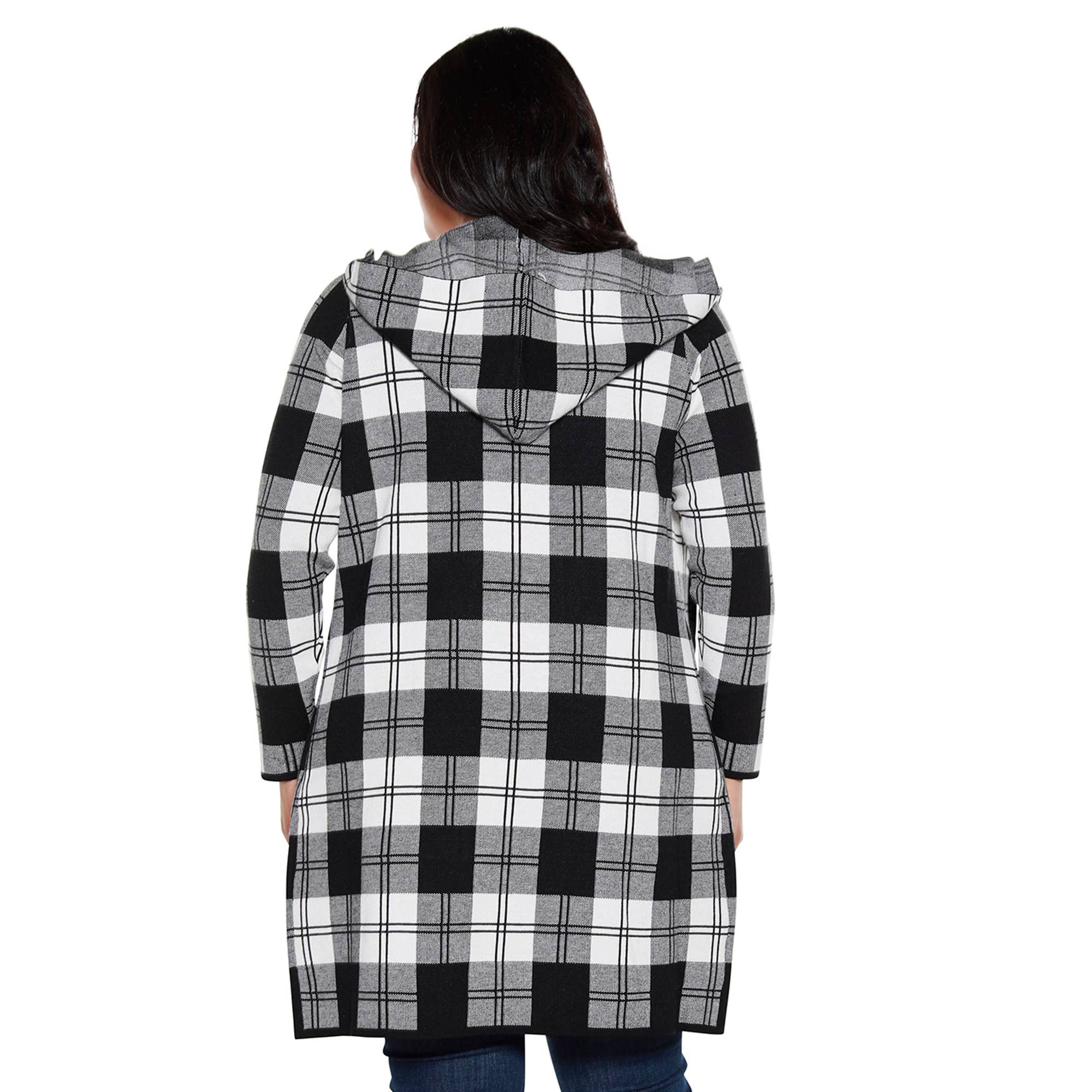 Belldini - Wholesale Cardigan - Women's - Plus Size Hooded Checkered Plaid Coatigan Sweater7