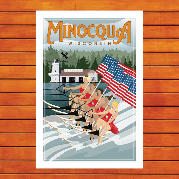 Minocqua Girls Water Skiers Retro Travel Poster Prints for wholesale by Bemused Creative