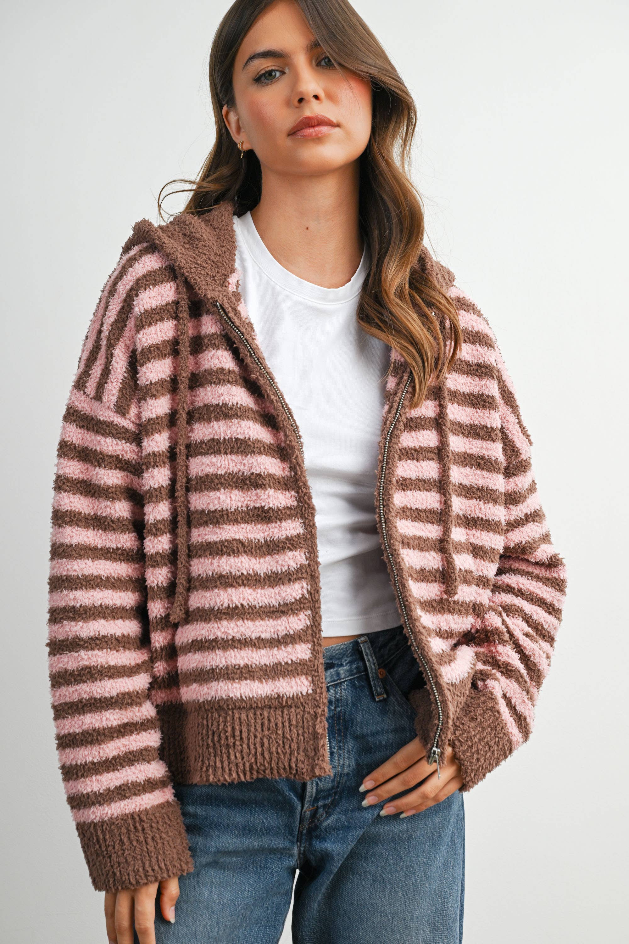 BUTTERMELON - Wholesale Knit Sweater - Women's - Striped Zip-Up Hooded Cardigan - BMC80977