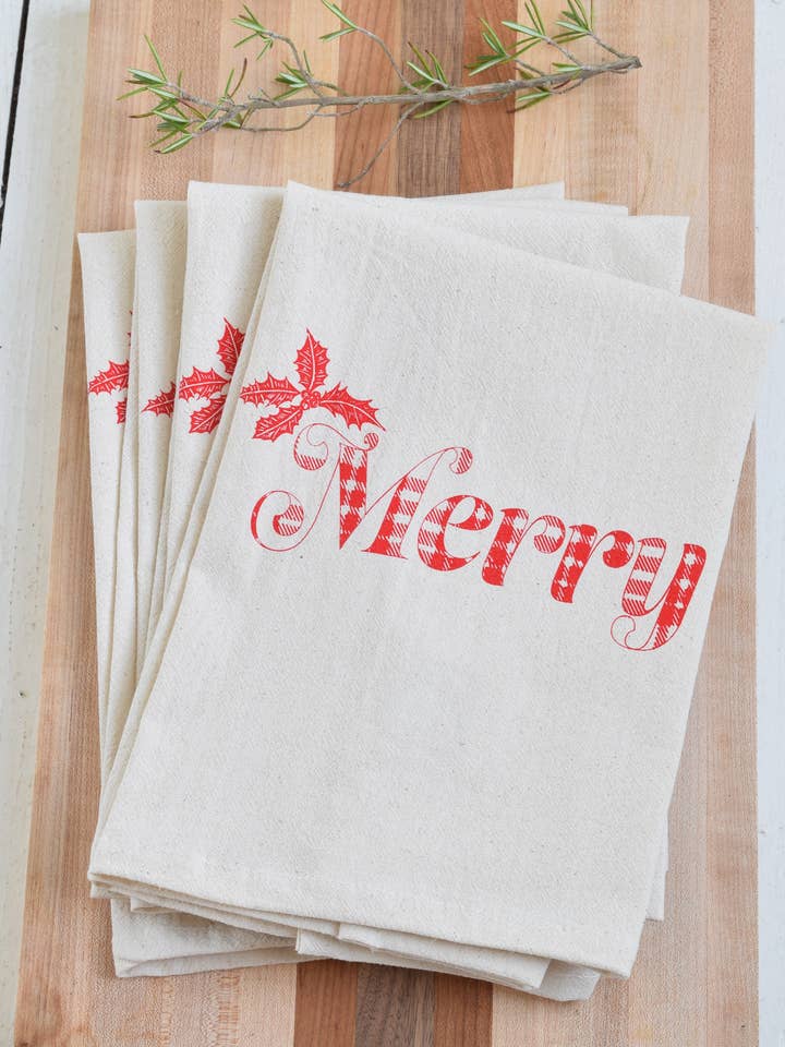 Christmas Napkins, Organic Cotton, Merry in Bright Red for wholesale by Hearth and Harrow