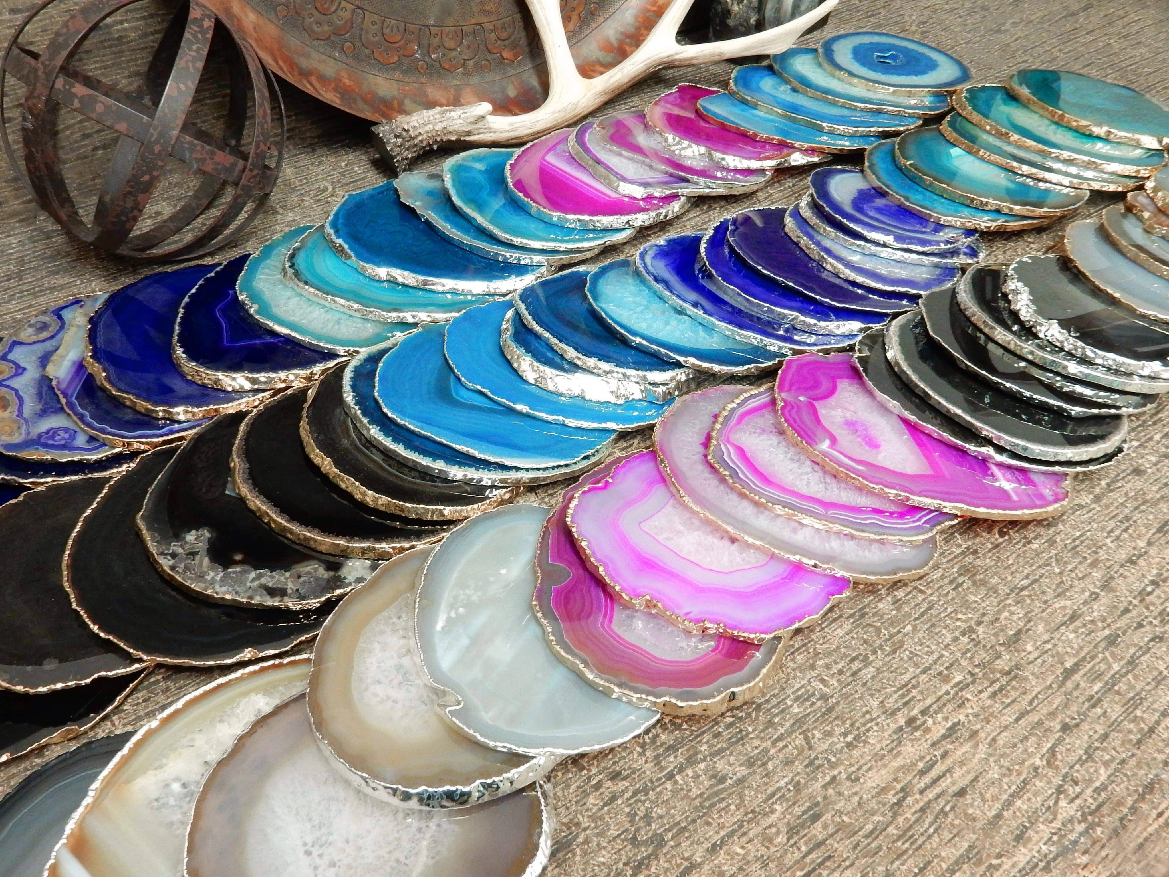 Rock Paradise - Wholesale Coasters - Set of 4 Agate Crystal Coasters Gold /Silver Electroplated 17