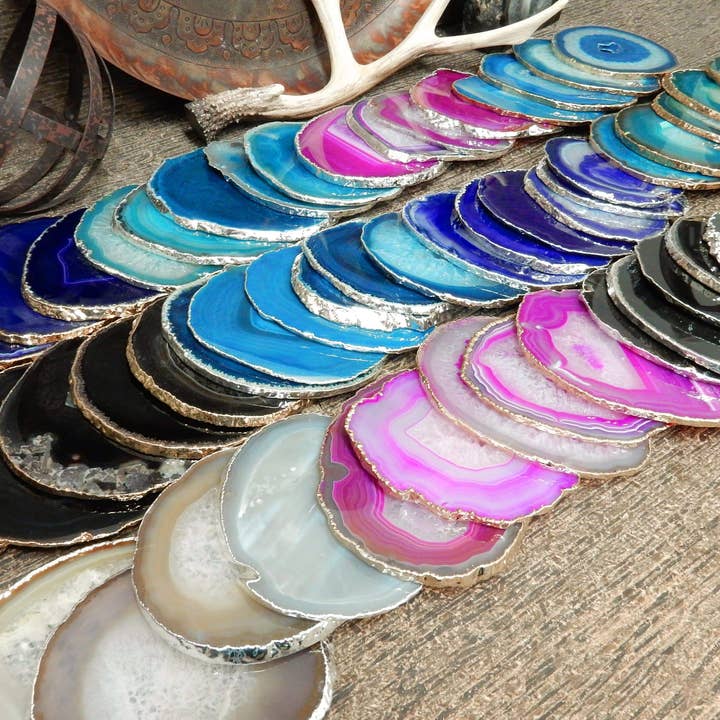 Rock Paradise - Wholesale Coasters - Set of 4 Agate Crystal Coasters Gold /Silver Electroplated 17