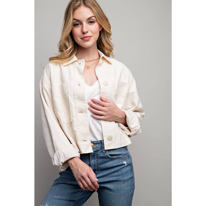 LINEN BLEND CROP JACKET WITH FULL STRIPE LINING for wholesale by Sweet Generis