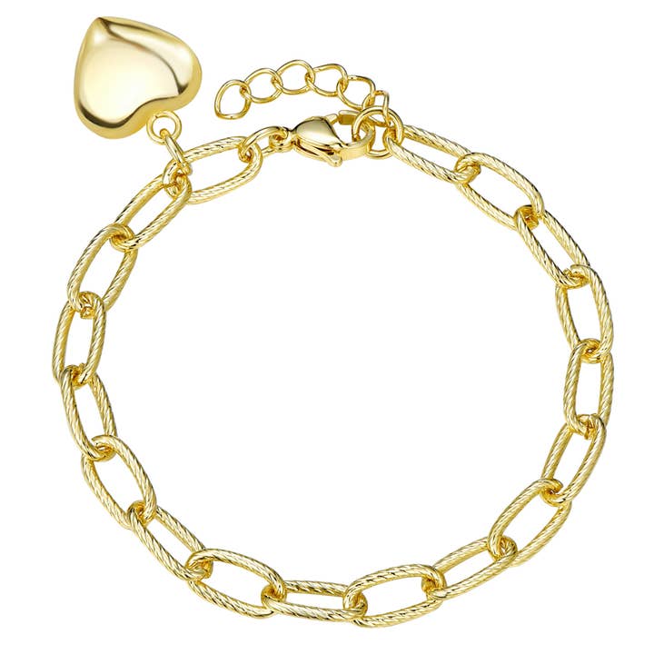 Pulseira Heart Charm Link em aço inoxidável banhado a ouro por atacado de Dlux Jewels