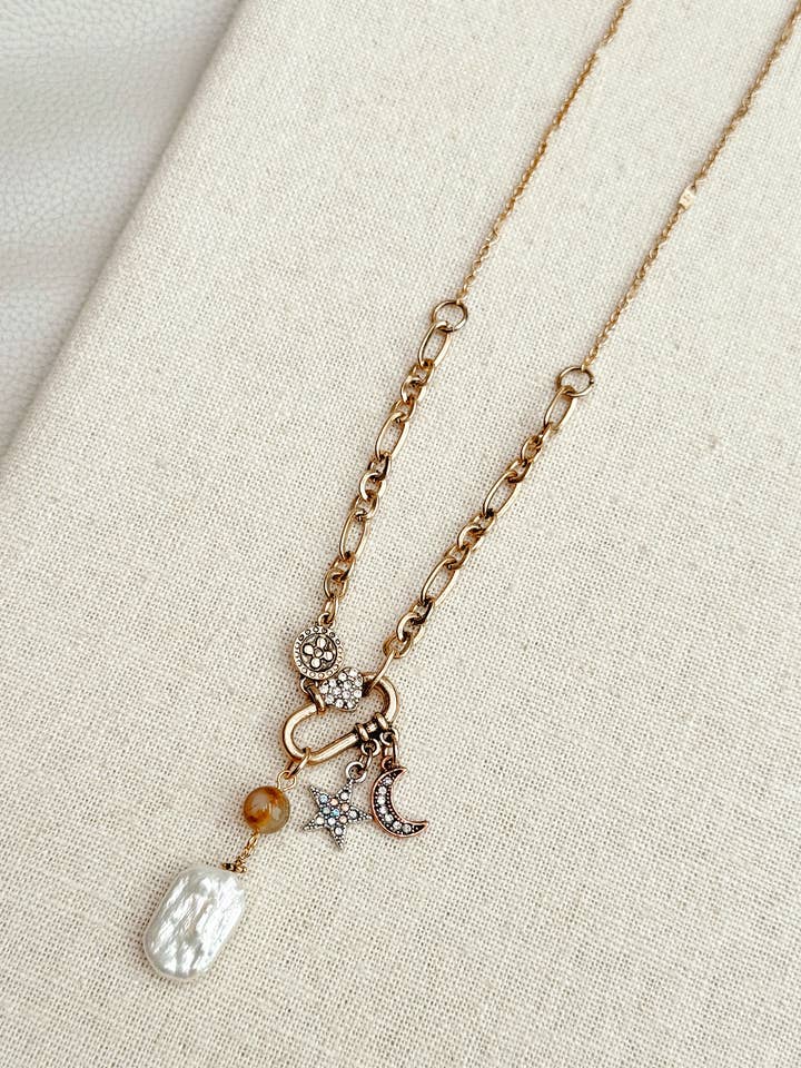 Celestial Charm and Pearl Necklace for wholesale by Gracie Rose Designs