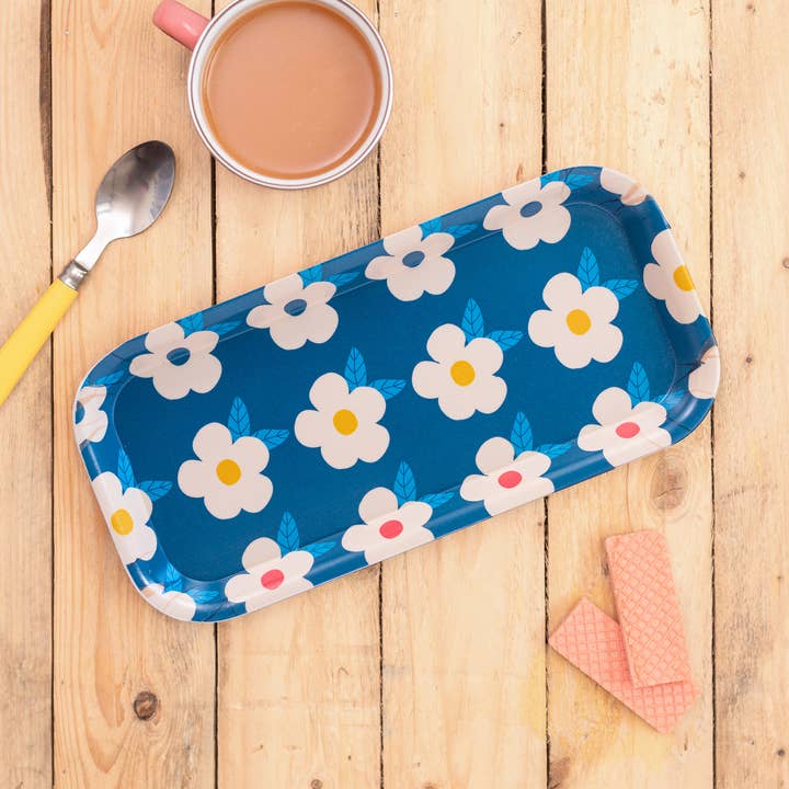 Retro Flower Rectangle Tray Cute Gift Navy Blue Print Pretty for wholesale by Enamelhappy